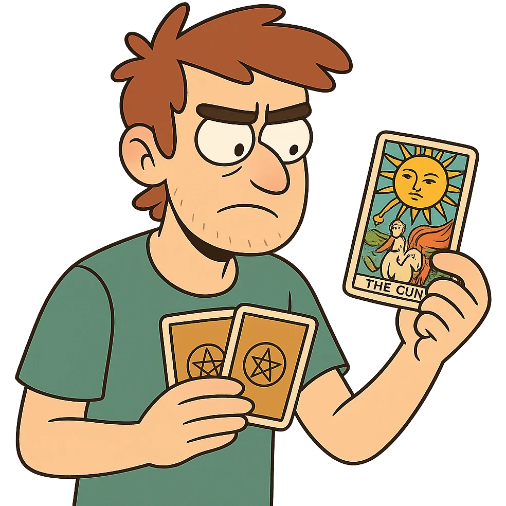 cartoon character with tarot cards emoji