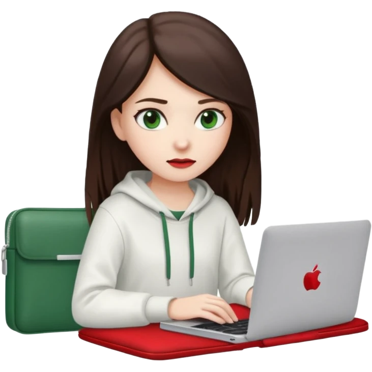 Long dark brown haired, white skinned, dark green eyed girl in white clothes girl sitting in macbook with a red case and watching to macbook emoji