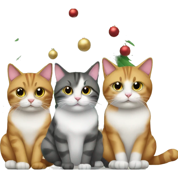 Four different cats sitting under a Christmas tree  emoji