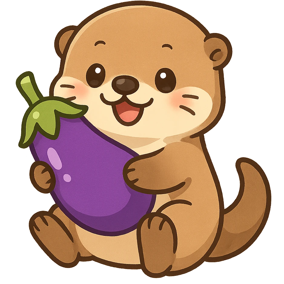 cute and playful sea otter holding an eggplant, chibi stickers style, cartoonish, adorable, vibrant colors emoji