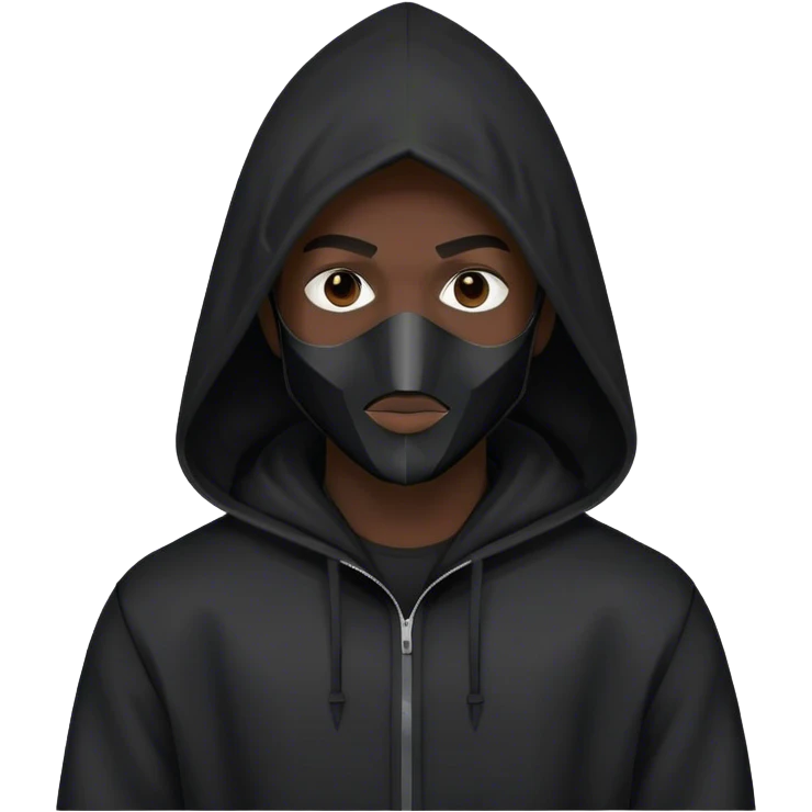 man with black hooded jacket and a full-black full-face geometric mask emoji
