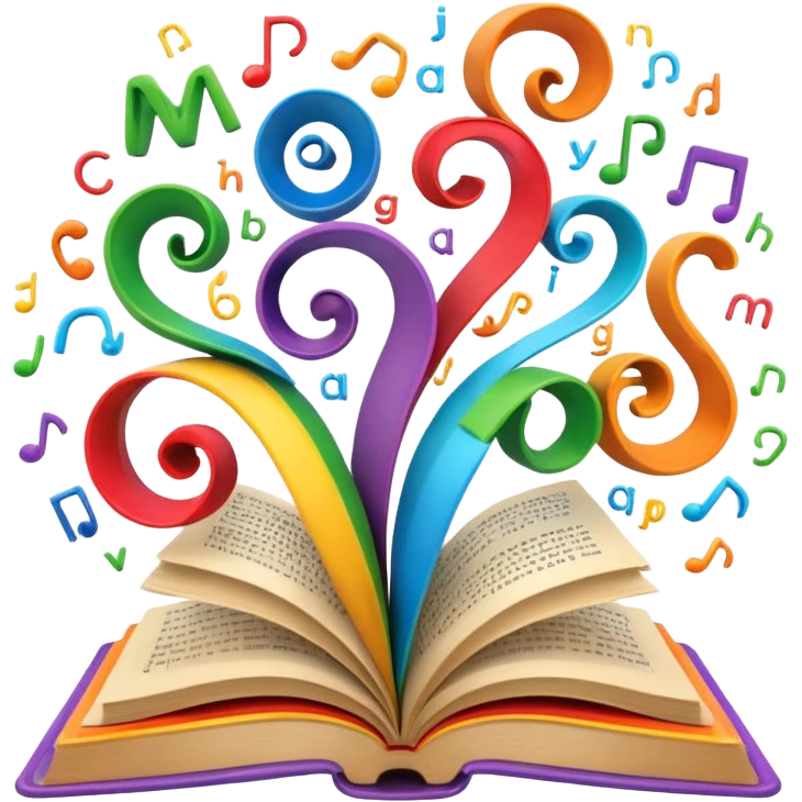 Open book with playful letters swirling out, symbolizing creative wordplay emoji