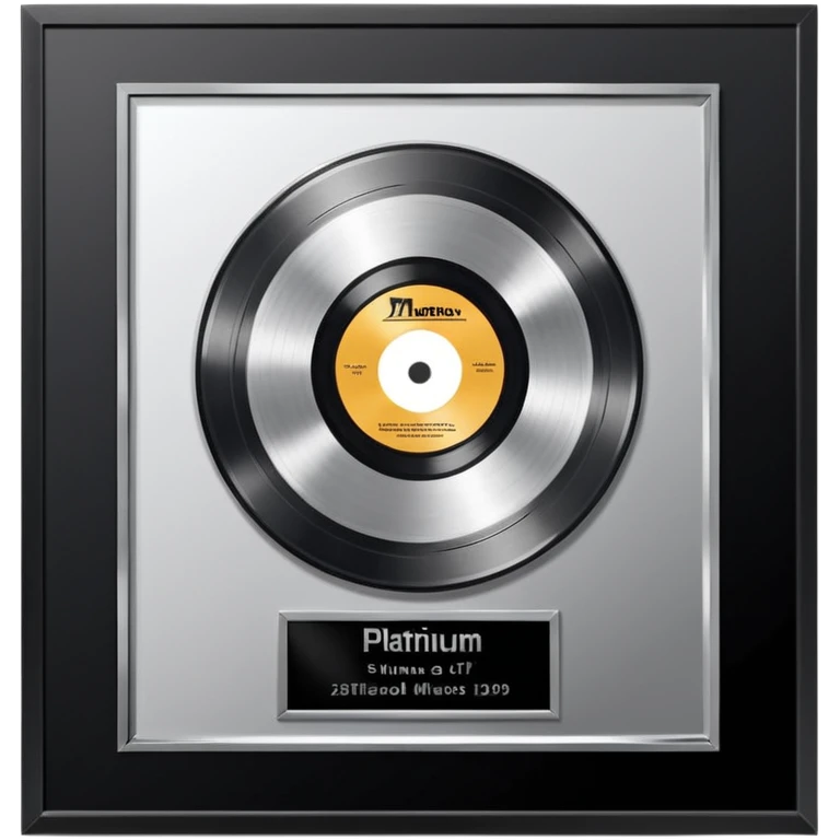 A platinum music award plaque: a square, polished platinum plate with a subtly textured, mirror-like finish, mounted on a simple dark metal base. The center features a relief of a or stylized vinyl record in a slightly darker metallic tone.  emoji
