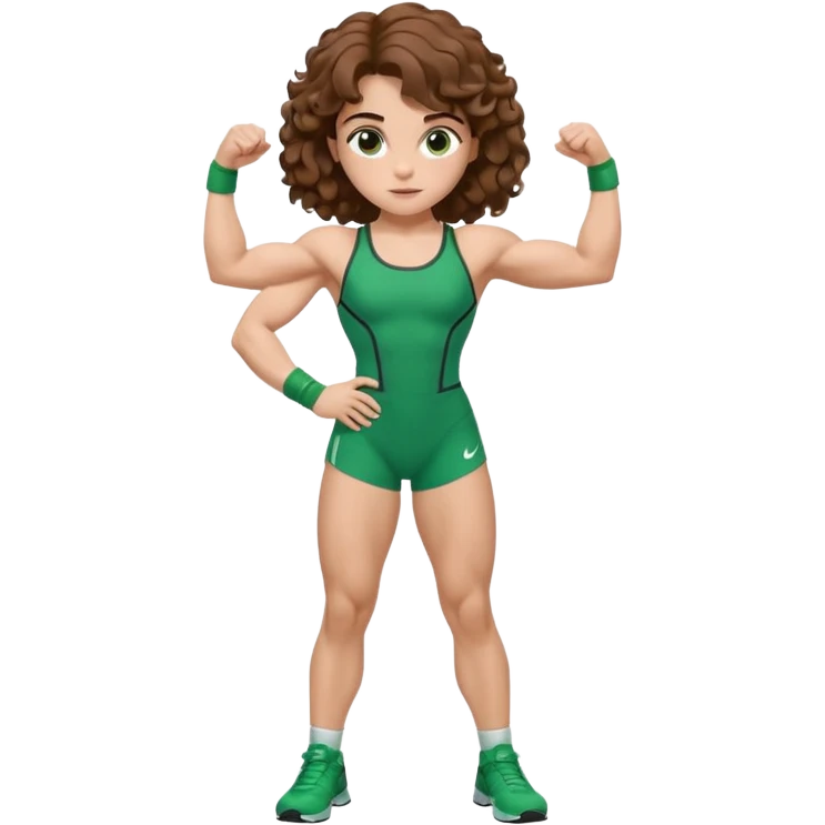 flexing muscles, big biceps, muscled torso, very beautiful italian girl, looking like Emma Watson, with curly and big volume very bright brown hair, dressed in a beautiful green sports costume, full body emoji