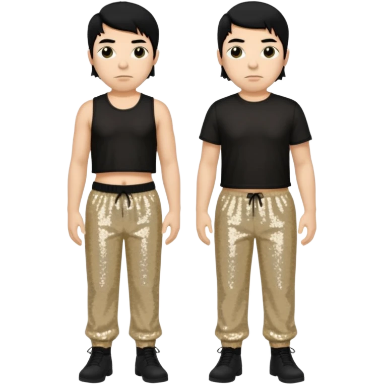 Chino Moreno with black hair, black sequin crop top, beige sequin baggy pants emoji