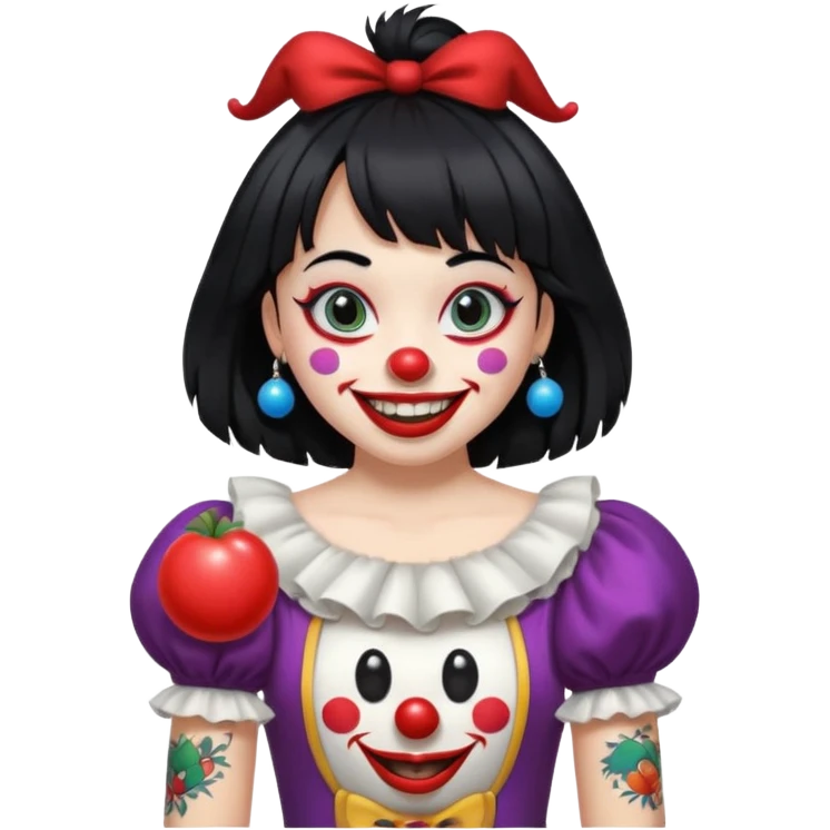anjinha with bangs and black hair, snow white skin, black tattoo of a laughing clown on the arm, emoji style emoji