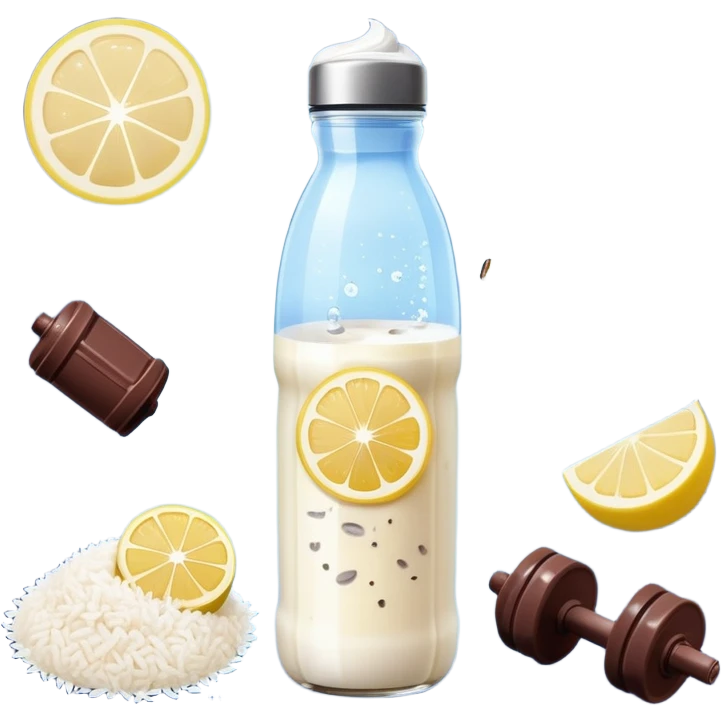Ethereal daily routine galaxy: water bottle with lemon, sun, rice and chicken, banana and protein shake, dumbbell, yogurt cup, fruit and chocolate, and moon all floating as separate celestial bodies connected by magical stardust trails forming a system emoji