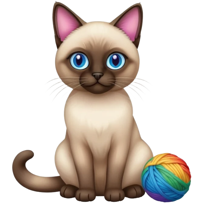 Siamese cat sitting full body with rainbow eyes playing with a wool ball emoji