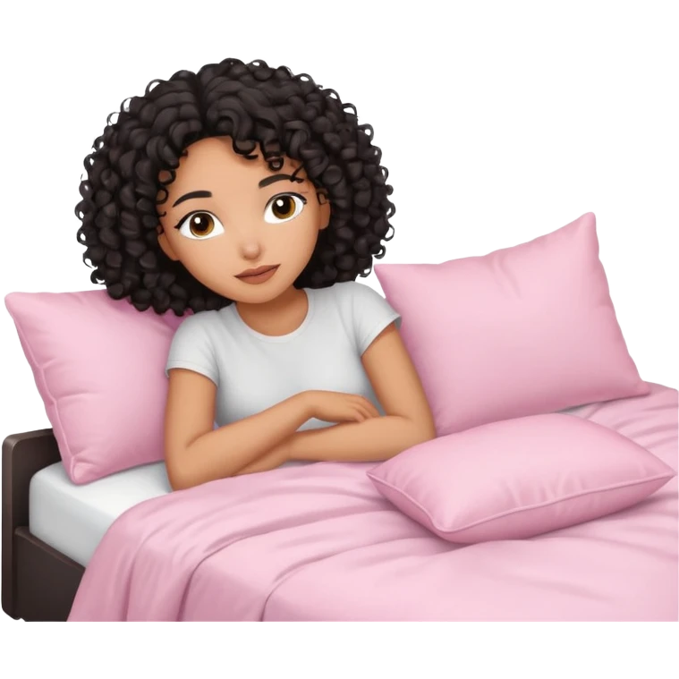 Mixed-race woman with caramel skin and black curly hair, lying on a white bed with pastel pink pillows, peaceful expression emoji