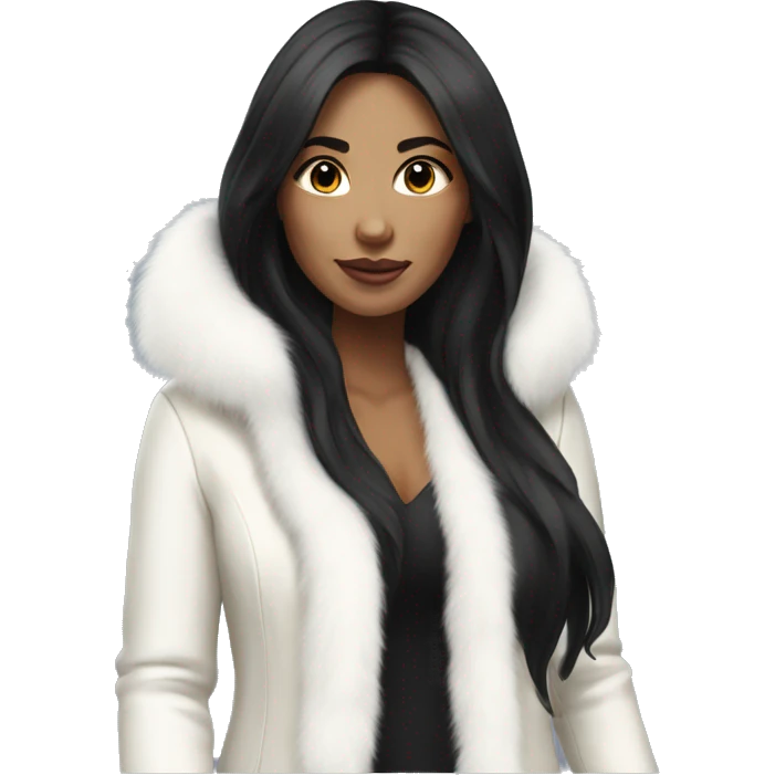Realistic pretty woman with black long hair with white fur coat emoji