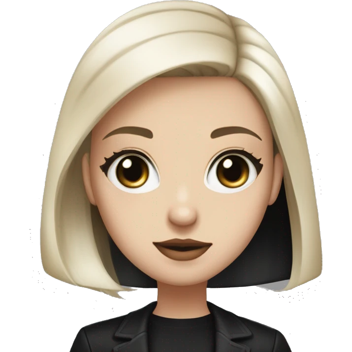 waist-length portrait, looking up, Slavic adult woman, goth eyes makeup, blue eyes, medium bob black-to-blonde ombre straight hair, white T-shirt and black office jacket. emoji