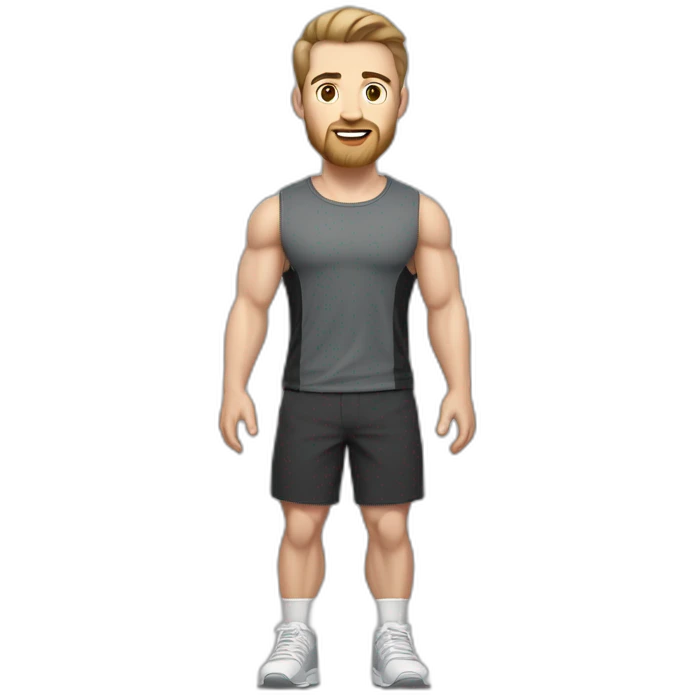 Full height Pale skinned fit man With biceps, Realistic eyes and mouth, light brown hair and stubble In dark gray sleeveless mike, black oversize sports shorts, watch and white sneakers. emoji
