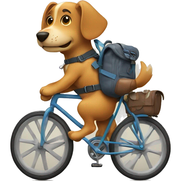 A dog is riding a bicycle and wearing a backpack. emoji