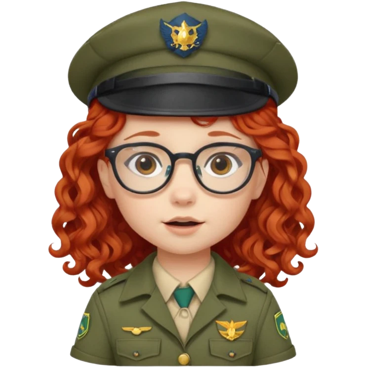 scout girl baby with uniform including the hat,  little with glassess and long curly red hair emoji