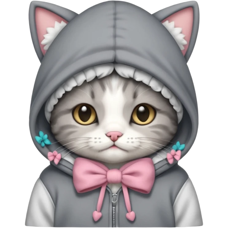 Sleepy kitten wearing a hoodie with bows emoji