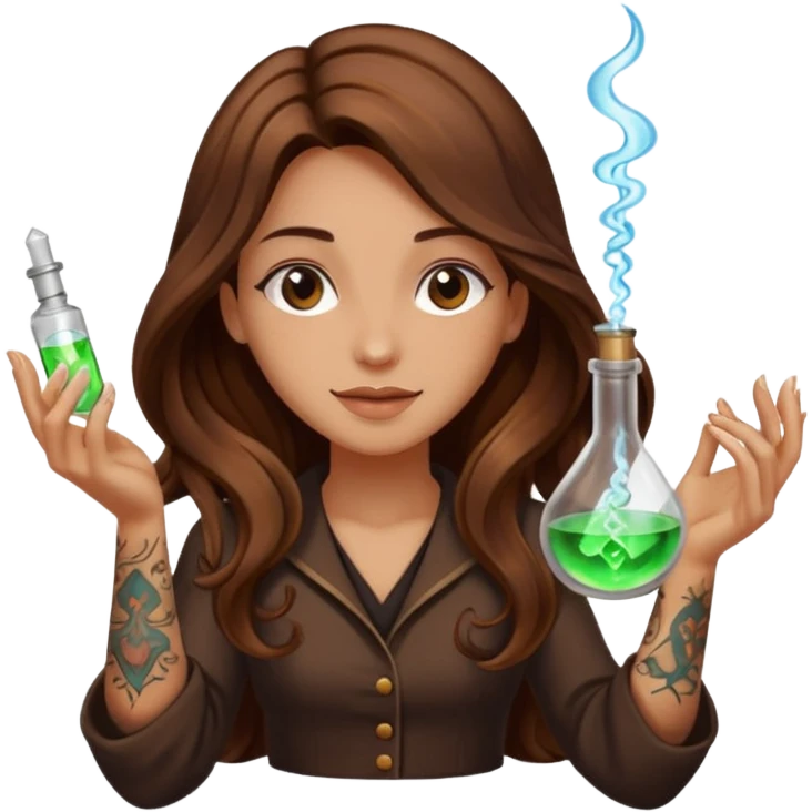 alchemist woman long wavy brown hair tattoos flipping glowing vial emoji