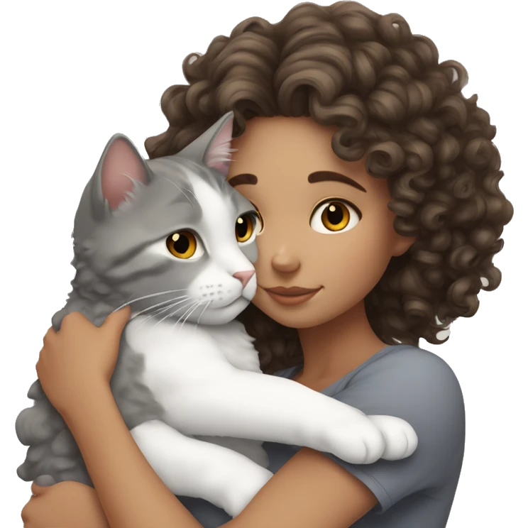 White Girl curly brunette hair cuddling with grey cat emoji