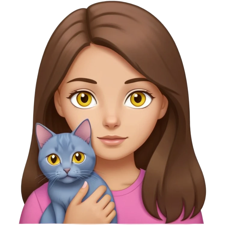 White girl with long brown hair and brown eyes wearing a pink shirt holding russian blue cat with yellow eyes  emoji