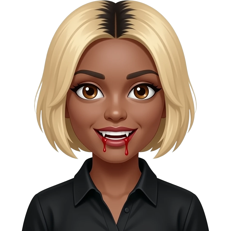 women blond short hair with black roots, black skin, brown eyes, black shirt,  dracula teeth with blood on the fangs emoji