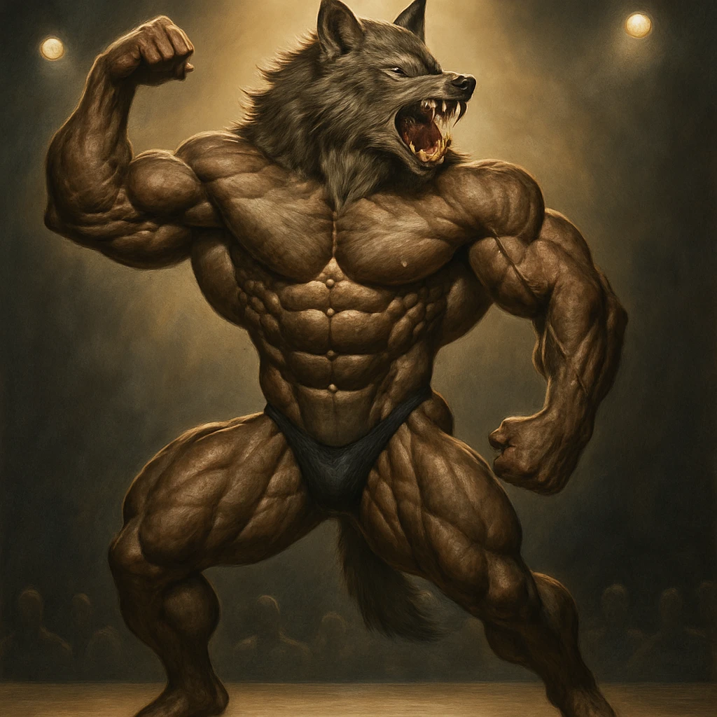werewolf body builder, posing on stage, competition, spotlight, powerful stance emoji