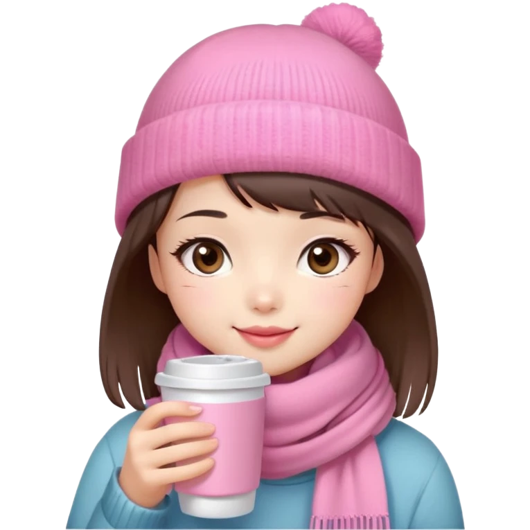 Cute East Asian girl, soft fair skin, big brown eyes, long lashes, natural pink lips, inward brown bob with straight bangs. Wearing pink beanie and scarf, rosy cheeks, shy smile, holding warm drink,  emoji