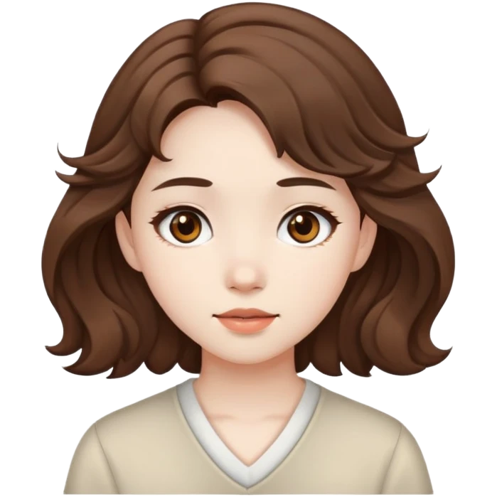 pale girl ,with medium brown wavy hair, brown asian eyes  ab emoji