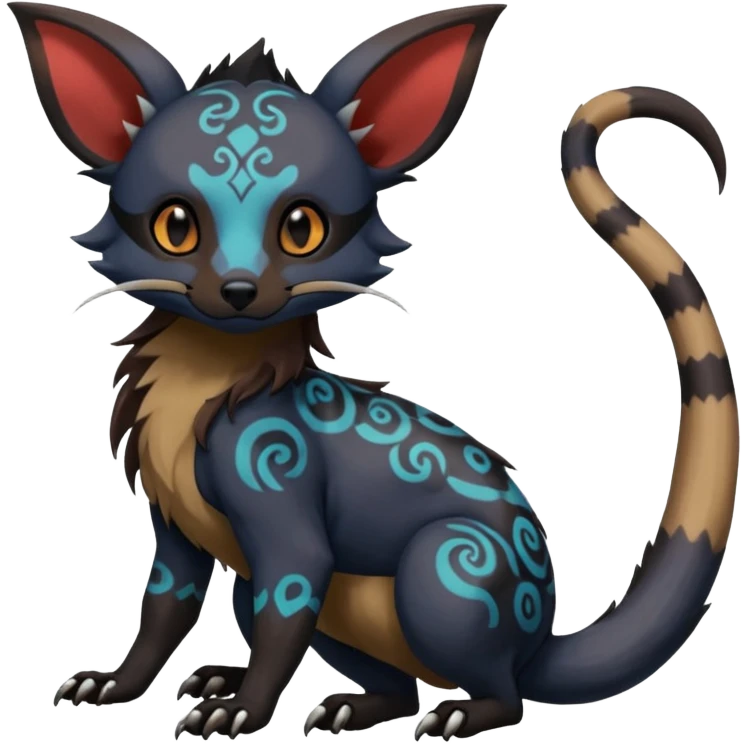 Rare warm-colored gloomy spooky exotic cute epic aesthetic gothic colorful Salandit-Eevee-Civet-species-Fakemon-hybrid-creature, with intricate tattoo markings, full body emoji