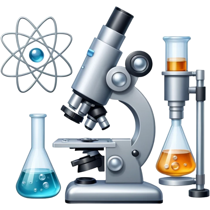 An icon featuring a microscope, a metal sample, and atomic structure symbols, symbolizing materials science. The design includes crystal lattices, polymers, and lab tools, representing the study of material properties and engineering. Transparent background highlights scientific analysis and innovation. emoji