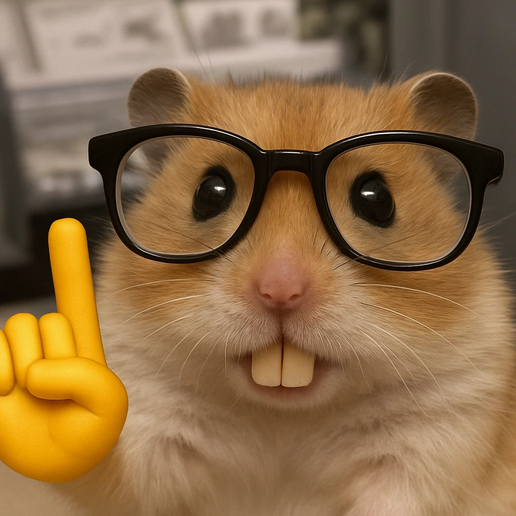 Create a hamster version of this image: nerdy hamster with big glasses, buck teeth, and a raised yellow emoji hand, in the same style and pose. emoji