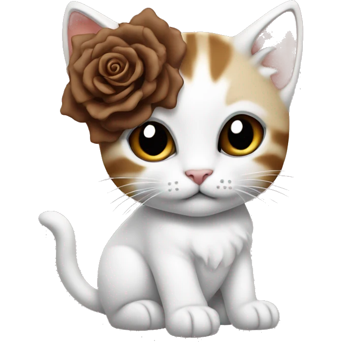 Kitten with brown gears all white with a rose and a bow, in the ear emoji