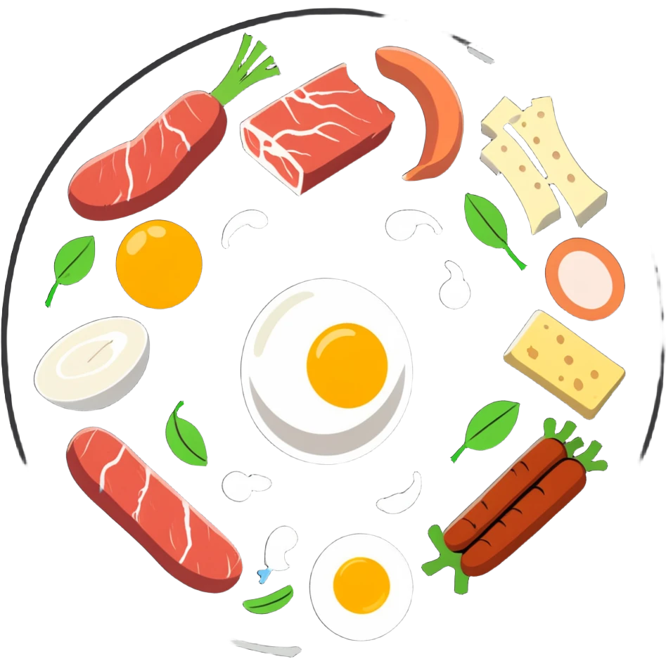 Close-up of glowing muscle fibers only, semi-transparent and pulsating with energy. Protein food icons (meat, egg, beans, tofu, yogurt) orbit around the muscle fibers in a warm energetic circle. emoji