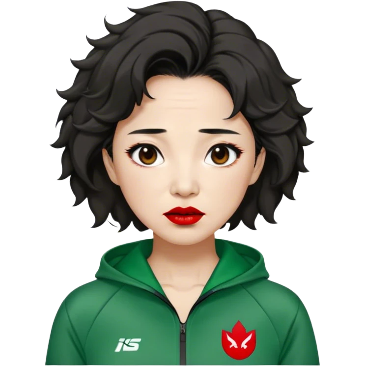 Han Mi-nyeo : Age: Late 60s
Appearance: A middle-aged woman with wrinkles, frizzy, messy brown black hair and dramatic red lipstick.
Outfit: Green player tracksuit emoji