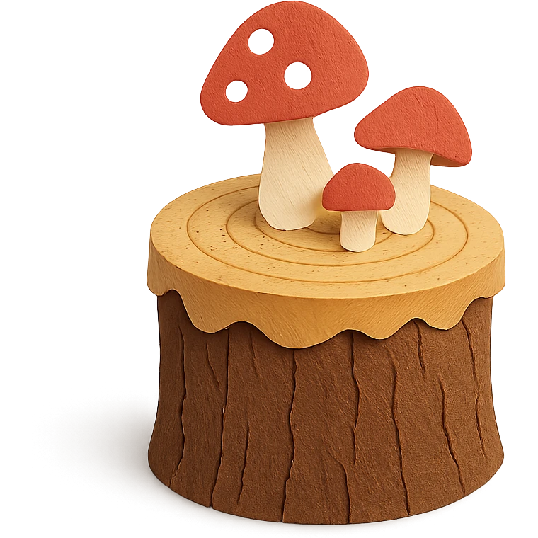 a tree stump cake topped with mushrooms, forest dessert concept, paper-craft style emoji