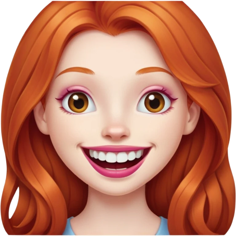 Young girl with pale skin, longer face, full pink lips smiling with big teeth, very long ginger red hair (no blonde at all), big brown eyes, bigger nose, big mouth emoji