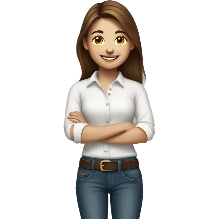 smiling girl portrait with brown hair with a jeans and White shirt  emoji