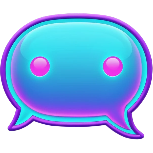 futuristic minimalistic glowing chat bubble icon, purple and cyan neon lines, dark background, digital communication style, 1:1 aspect ratio, no face emoji