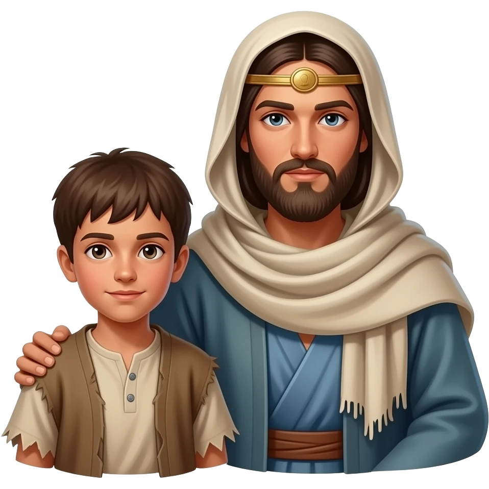 A Jewish nomadic woman a little boy, wearing old tattered draped clothing from biblical times emoji