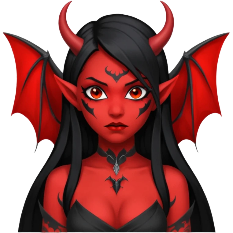 Full red-skin demon girl (entire body red), long black hair, small red horns, pointed ears, single bat wing, black open-back dress, bold tattoo-flash comic linework, red/black/gray, dark background, no text. emoji
