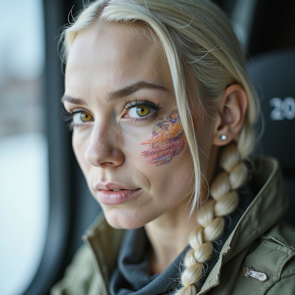 close up of a "20 crisp" banknote. futuristic, cyberpunk. stellar and planetary style designs adorn the bill. the face pictures is a woman in her 20's, gold yellow eyes, white hair in a single long braid, side of head shaved. she wears a military flight bdu emoji