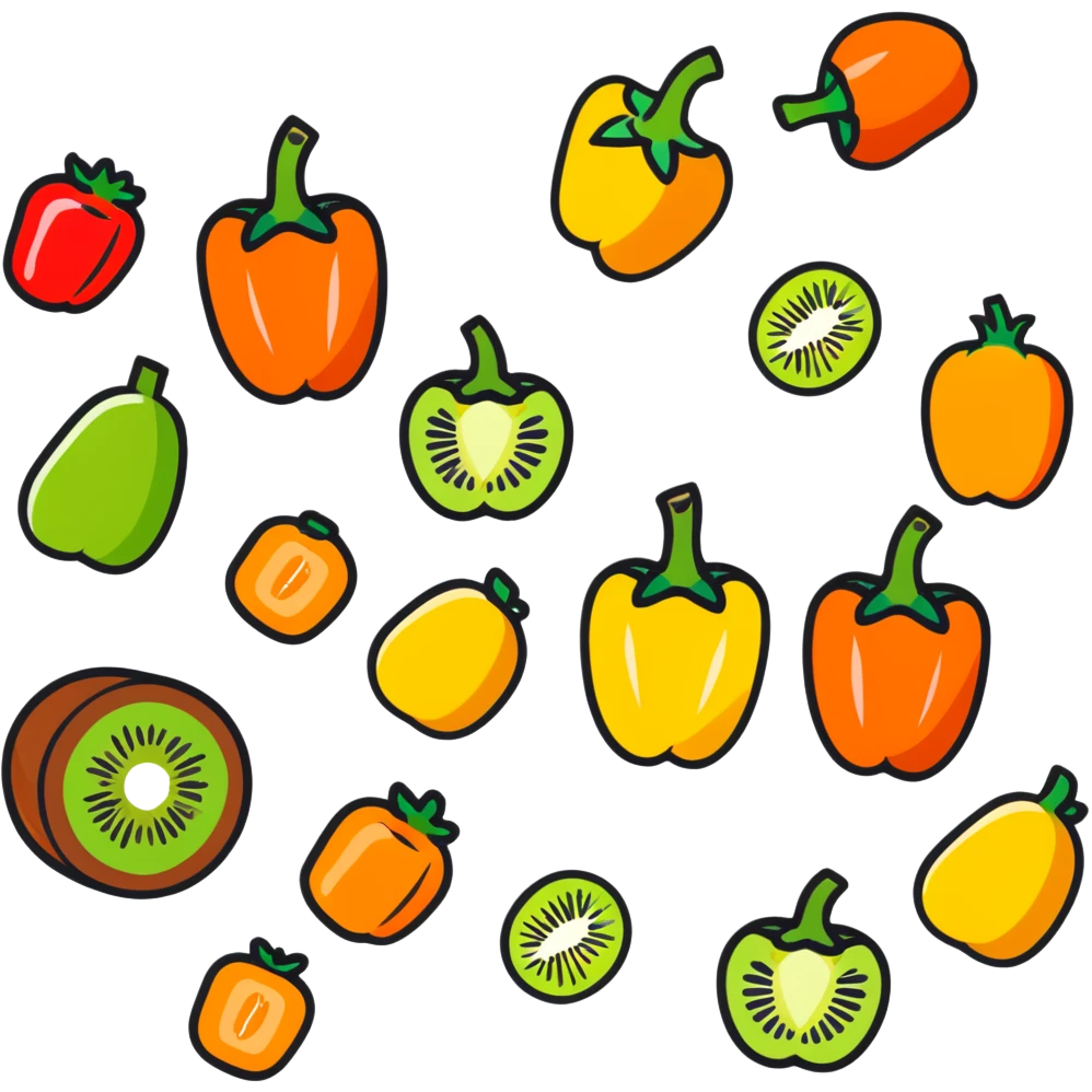 Various vitamin C rich foods: orange, kiwi, strawberry, bell pepper emoji
