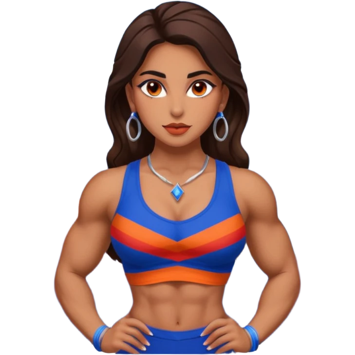 sexy and muscled, full body, brown skin Armenian caucasian girl, sexy Armenian girl, beautiful eyes, makeup, earrings, muscled, surrounded by mountains, red, blue and orange stripes, mountains around emoji