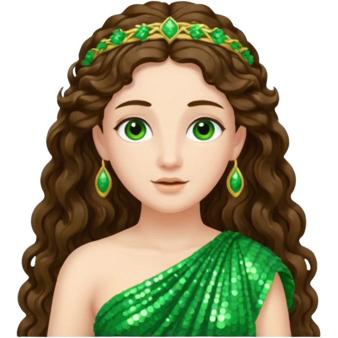 Juno, Goddess of Marriage from Roman Deities with long brunette wavy hair, green sequin toga emoji