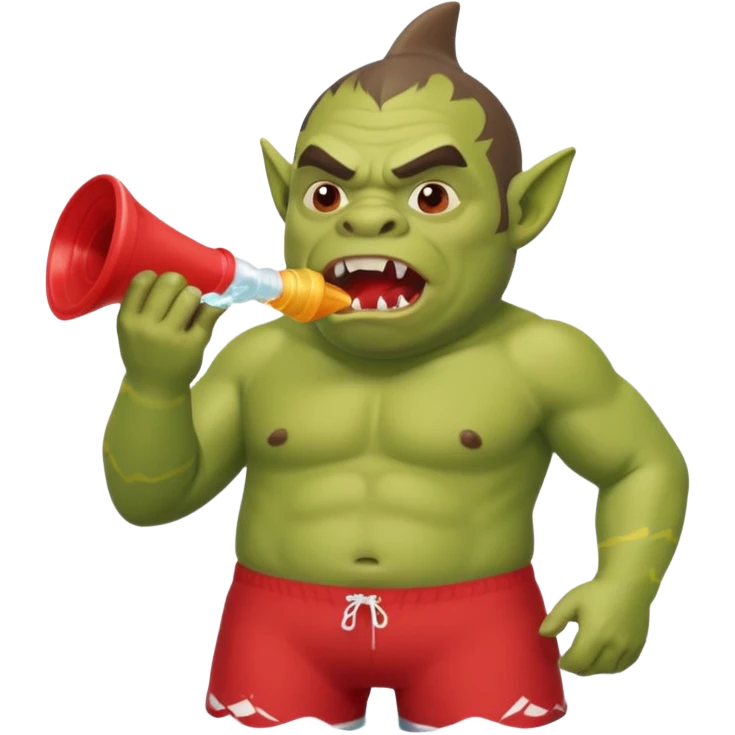 orc male in shark floatie, blowing whistle. Red swim trunks emoji