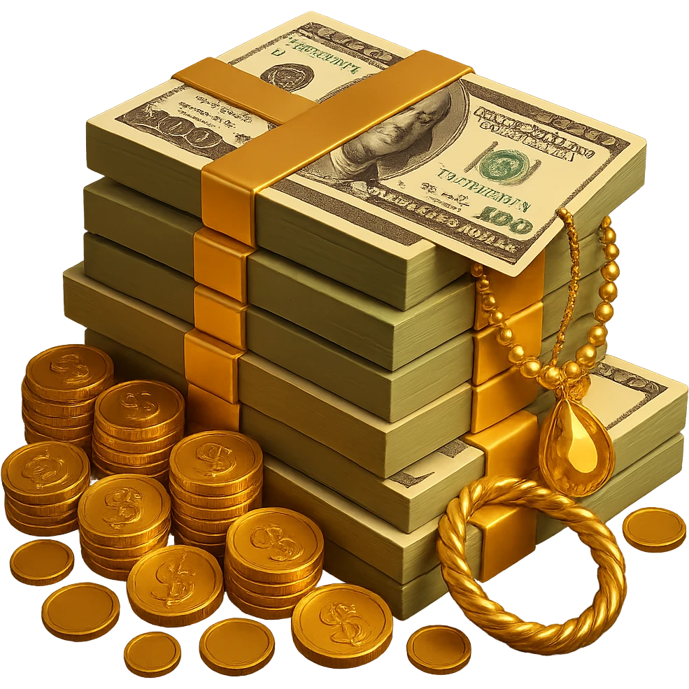 Make the stack of money look richer, add gold coins, jewelry, and a luxurious feel. The original style is 3D emoji style, but 3D emoji style does not support editing, so please keep the luxurious feel consistent with 3D emoji style. emoji