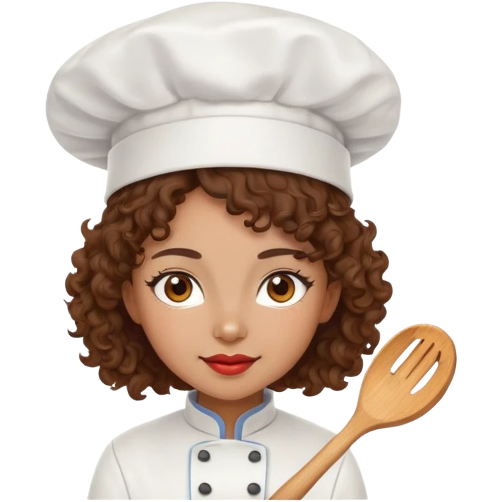Mixed-race female chef with medium-length curly brown hair, wearing a chef's hat (toque), with both an angel halo and devil horns on her head emoji