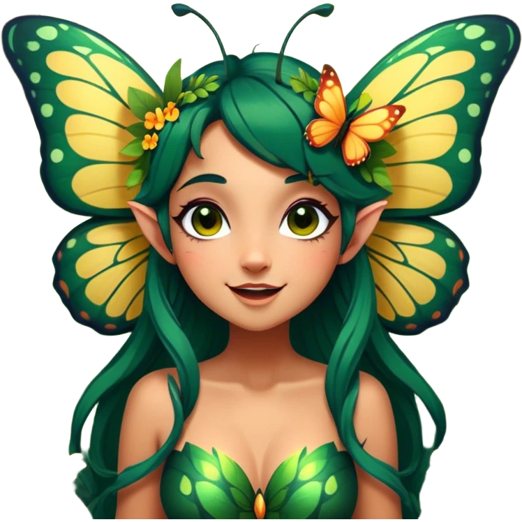 Cinematic Realistic Forest Fairy Portrait, head tilted dramatically with an exaggeratedly amused expression, featuring a striking, nature-infused form with glowing, sun-kissed tanned skin and vividly detailed dark green hair adorned with floral accents. Her expressive eyes brim with playful forest mischief, rendered with vibrant, lifelike textures and dynamic dappled lighting that conveys a spirited, over‐the‐top woodland whimsy showing her large butterfly wings from her back. emoji