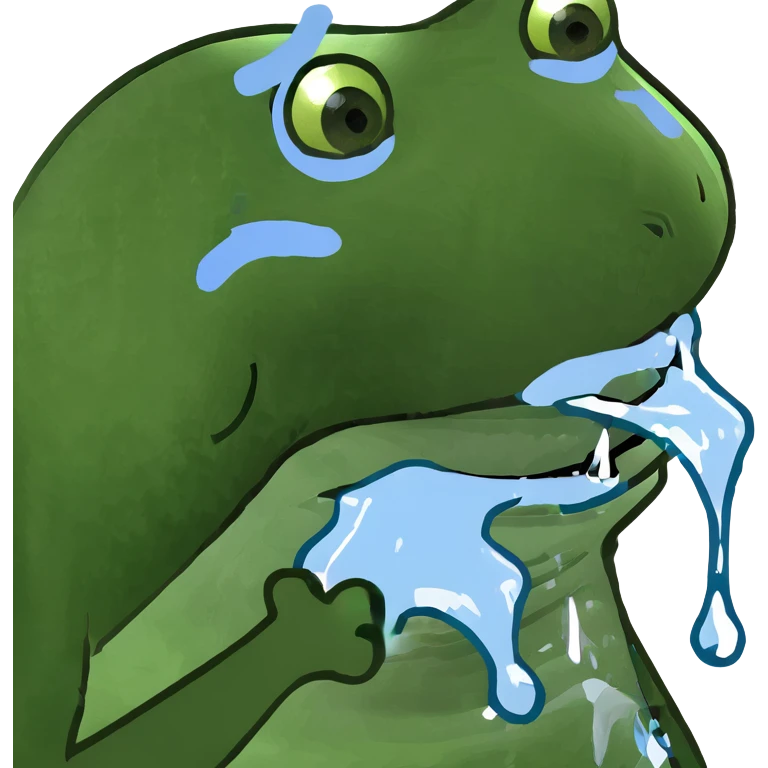 Green frog with blue tint, freezing, teeth chattering, with icicles emoji