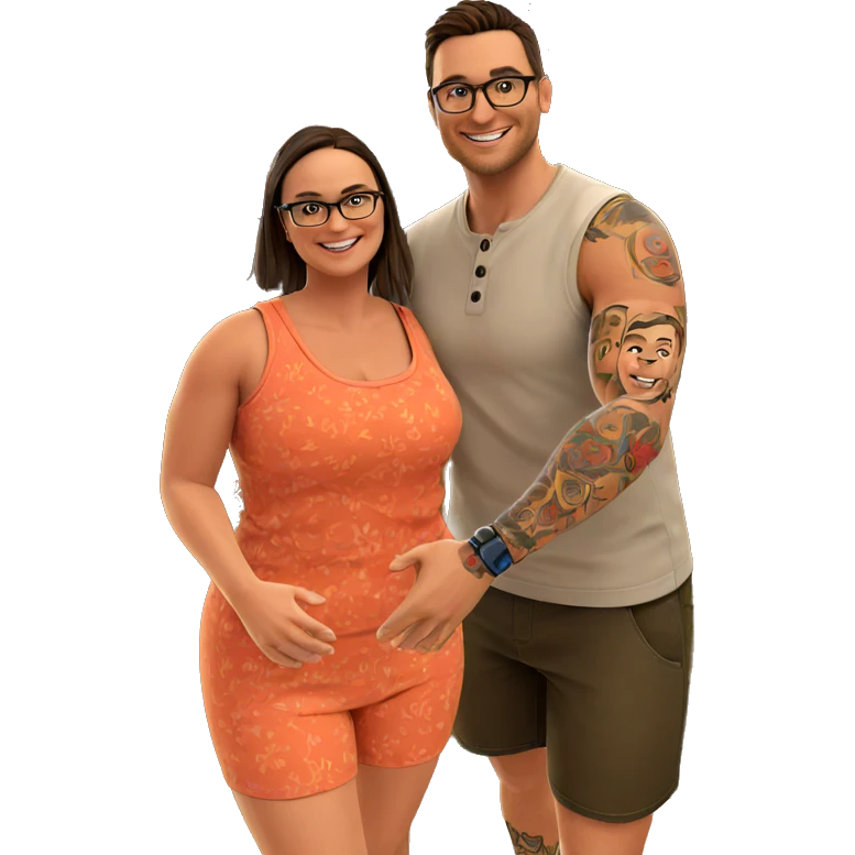 smiling couple outdoors with tattoos emoji
