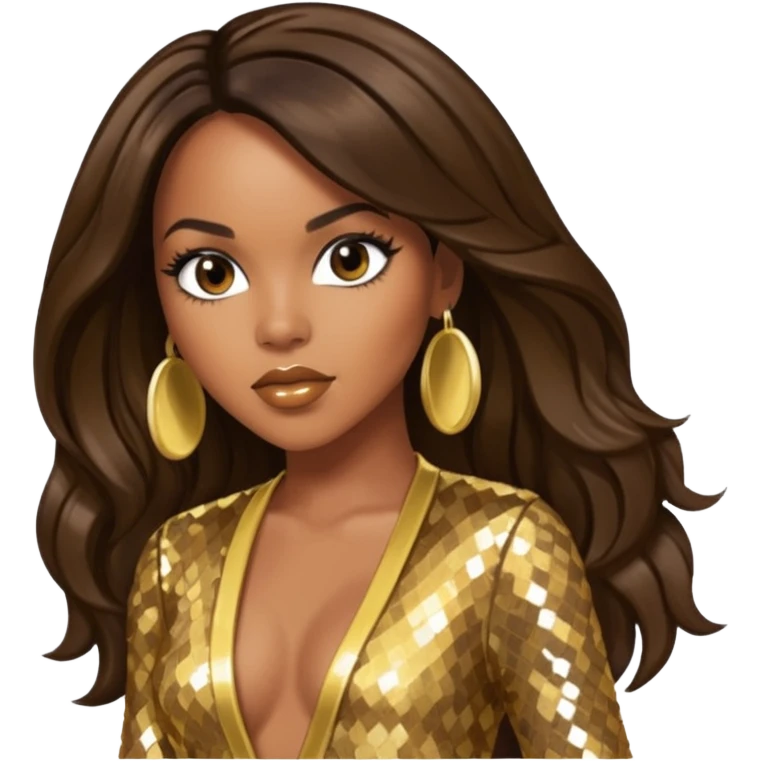 LeToya Luckett from Destiny's Child with dark brown long hair, gold outfit emoji