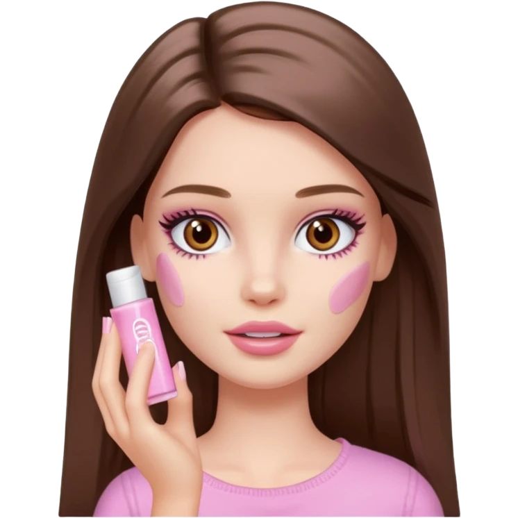Barbie girl a brown long Straight hair and brown eyes is In pale pink smears by hand cosmetic cream on her face emoji